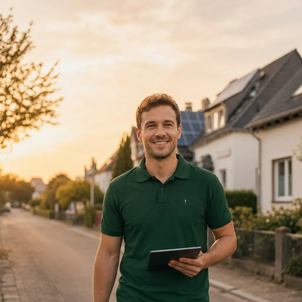 RegioScout-Mitarbeiter mit Tablet in einer Wohnstraße bei Sonnenuntergang